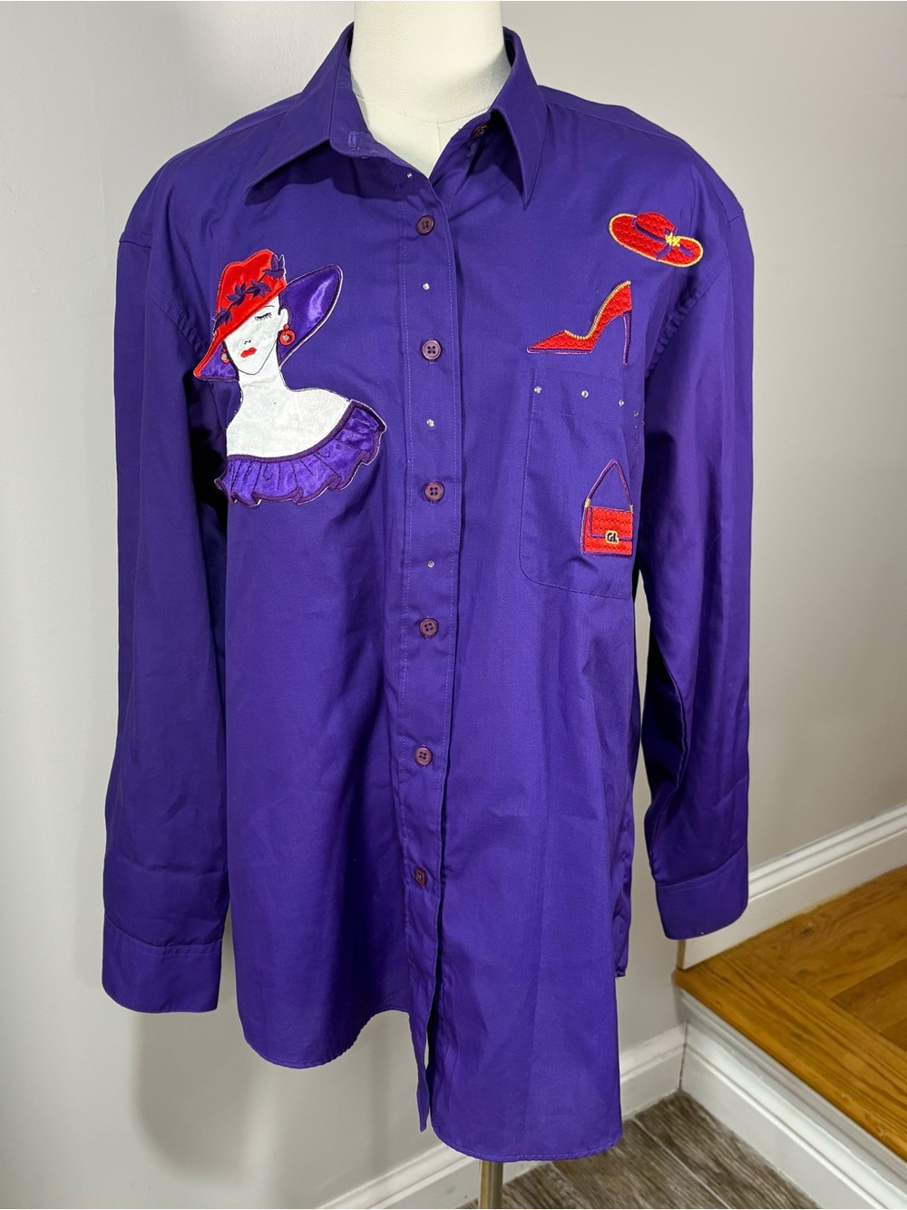 Vtg 1980s Get Lucky Purple Blouse Appliqué Red Hat Fashion Sz M Rhinestone
